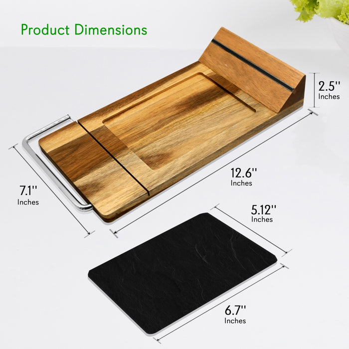 Bamboo Food Serving & Food Slicer Platter - Cheese Board Presentation Set With Built-In Slicing Blade, Slate Stone Slab