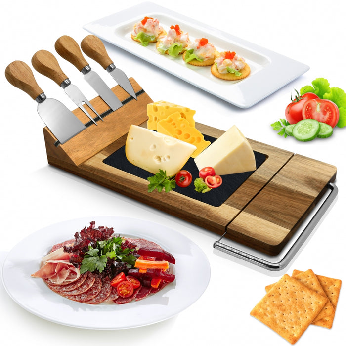 Bamboo Food Serving & Food Slicer Platter - Cheese Board Presentation Set With Built-In Slicing Blade, Slate Stone Slab