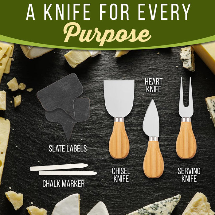 Cheese Board Food Serving Set – Includes Cutting Knives, Ceramic Bowls, Chalk Markers And Slate Labels