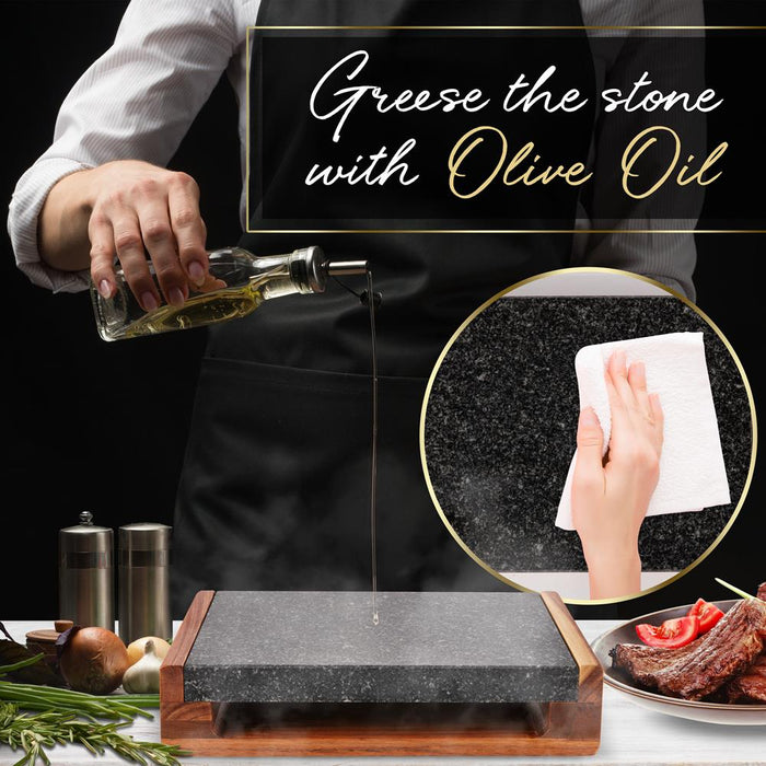 Natural Granite Stone Sizzling Steak Plate - Grilled Meat Food Presentation Serving Platter Set With Stainless Steel Knives