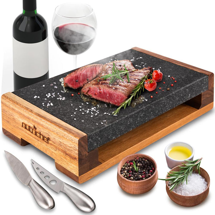 Natural Granite Stone Sizzling Steak Plate Grilled Meat Food Presentation Serving Platter Set With Stainless Steel Knives