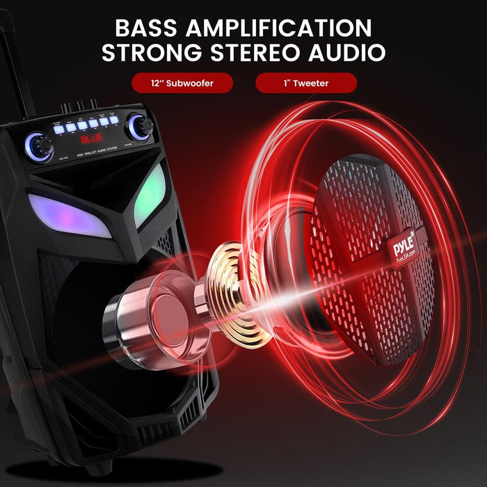 12’’ Bluetooth Portable Pa Speaker - Portable Pa & Karaoke Party Audio Speaker With A Wireless Microphone, With Built-In Rechargeable Battery, Flashing Party Lights, Mp3/Usb/ /Fm Radio (800 Watt Max)