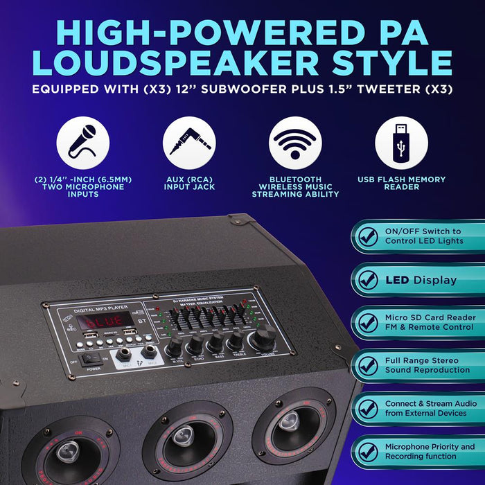 3X12” Portable Bluetooth Pa Karaoke Speaker System - Karaoke Speaker With Led Lights, Usb/Micro Sd/Fm/Bt/Aux/Remote Control/Mic Inputs, With Wheels & Handle Bar (2200 Watt)