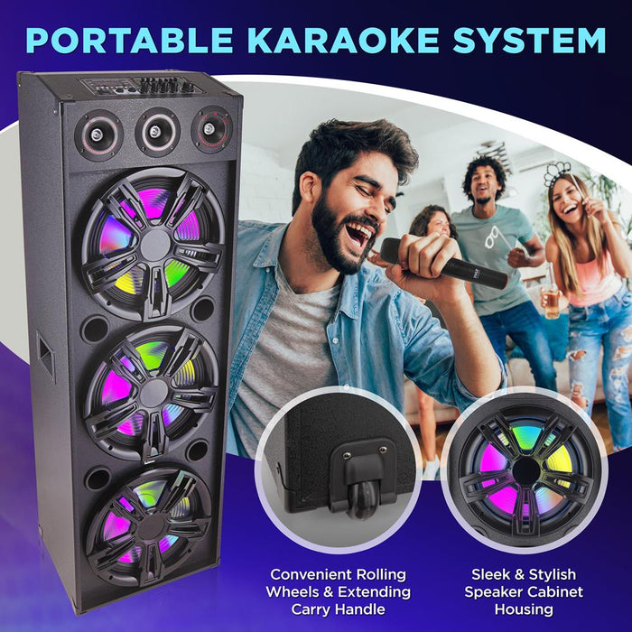 3X12” Portable Bluetooth Pa Karaoke Speaker System - Karaoke Speaker With Led Lights, Usb/Micro Sd/Fm/Bt/Aux/Remote Control/Mic Inputs, With Wheels & Handle Bar (2200 Watt)