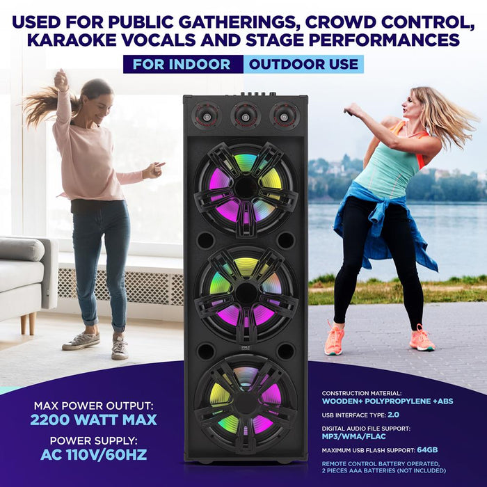 3X12” Portable Bluetooth Pa Karaoke Speaker System - Karaoke Speaker With Led Lights, Usb/Micro Sd/Fm/Bt/Aux/Remote Control/Mic Inputs, With Wheels & Handle Bar (2200 Watt)