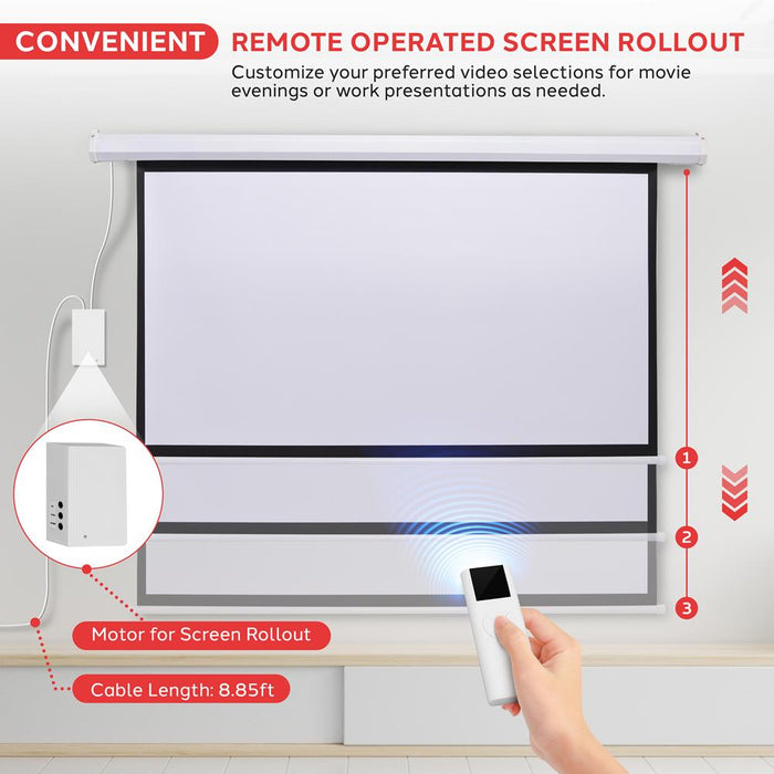 72" Motorized Projector Screen, Electronic Automatic Projection Display, Includes Remote Control