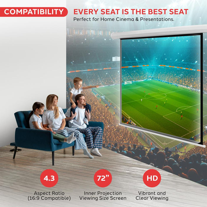 72" Motorized Projector Screen, Electronic Automatic Projection Display, Includes Remote Control