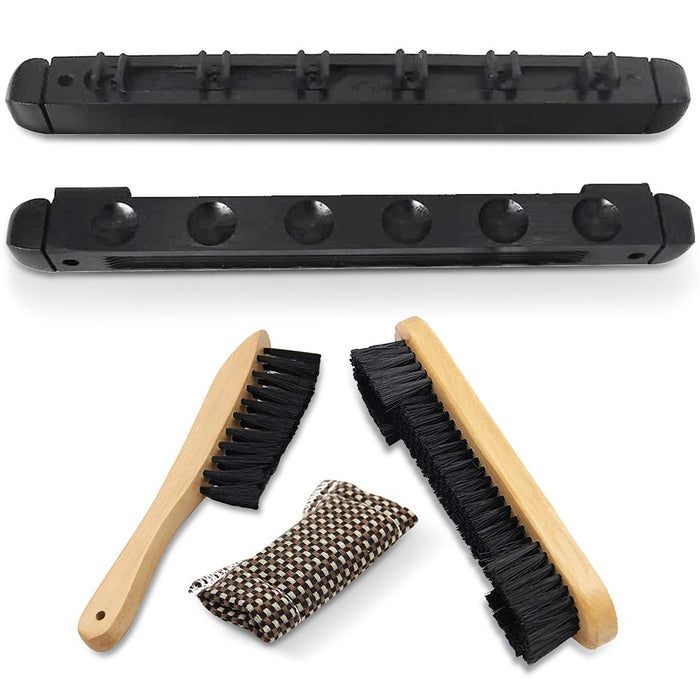 Pool Table Accessory Kit - Includes 6 Billiard Cue Wall Rack, 9'' Wooden Table And Brush Set With Cue Shaft Cloth Cleaner