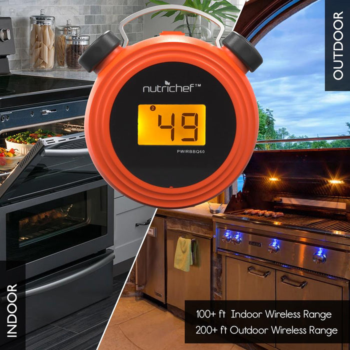 Smart Bluetooth Bbq Grill Thermometer - Digital Display, Stainless Dual Probes Safe To Leave In Outdoor Barbecue Meat Smoker - Wireless Remote Alert Ios Android Phone - Nutrichef Pwirbbq60