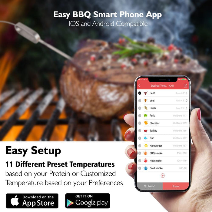 Smart Bluetooth Bbq Grill Thermometer - Digital Display, Stainless Dual Probes Safe To Leave In Outdoor Barbecue Meat Smoker - Wireless Remote Alert Ios Android Phone - Nutrichef Pwirbbq60