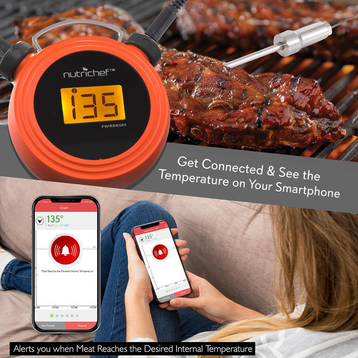 Smart Bluetooth Bbq Grill Thermometer - Digital Display, Stainless Dual Probes Safe To Leave In Outdoor Barbecue Meat Smoker - Wireless Remote Alert Ios Android Phone - Nutrichef Pwirbbq60