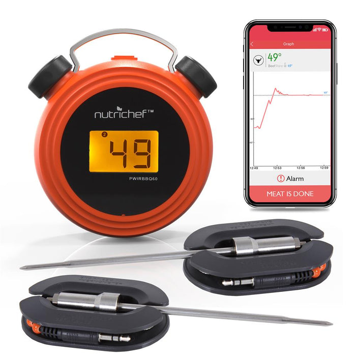 Smart Bluetooth Bbq Grill Thermometer - Digital Display, Stainless Dual Probes Safe To Leave In Outdoor Barbecue Meat Smoker - Wireless Remote Alert Ios Android Phone - Nutrichef Pwirbbq60