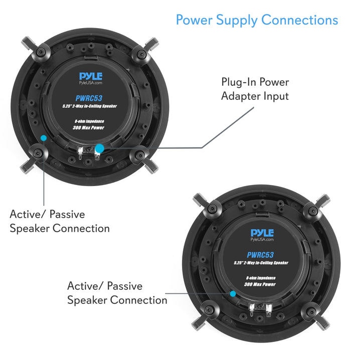 Dual 5.25" In-Wall / In-Ceiling Speakers - 2-Way Full Range Stereo Speaker System With Magnetic Grill (300 Watt)