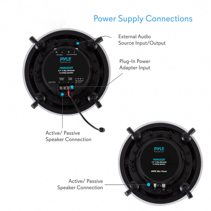 Dual 6.5" In-Wall / In-Ceiling Bluetooth Speaker System - 2-Way Full Range Stereo Speakers With Wireless Streaming Ability, Magnetic Grill (300 Watt)