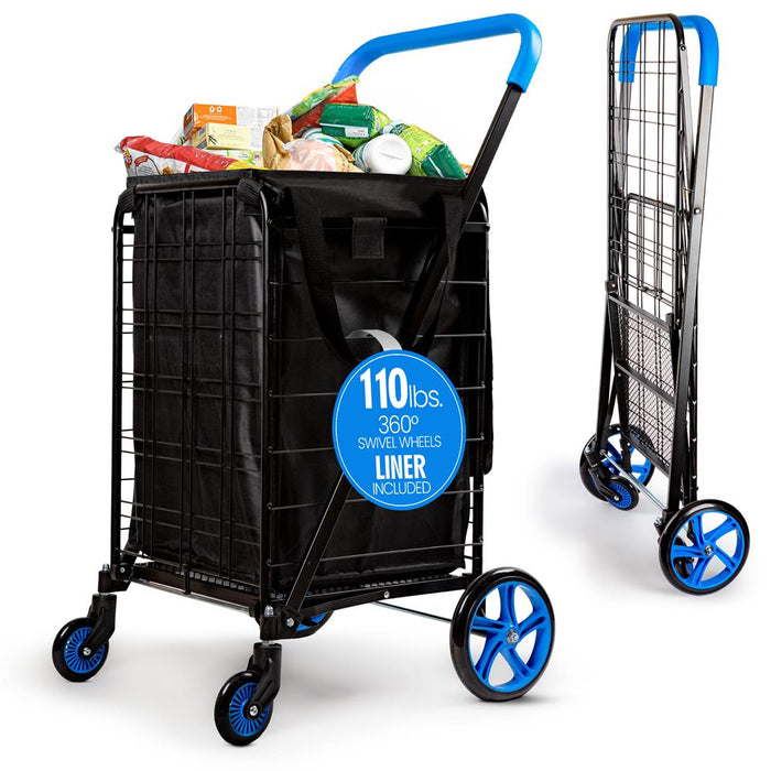 Heavy Duty Foldable Shopping Cart With Removable Cart Liner, 360 Degree Rolling Swivel Wheels, And Adjustable Handle, 110 Lbs. Weight Capacity For Groceries, Laundry, Luggage, And More