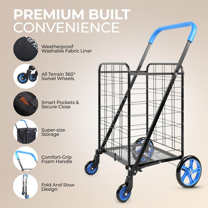 Heavy Duty Foldable Shopping Cart With Removable Cart Liner, 360 Degree Rolling Swivel Wheels, And Adjustable Handle, 110 Lbs. Weight Capacity For Groceries, Laundry, Luggage, And More