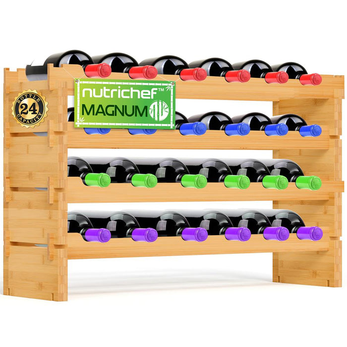 4 -Tier 24 Bottle Capacity Bamboo Stackable Wine Rack, Wobble-Free Modular Display Shelves (Natural)