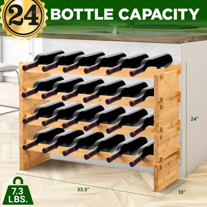 4 -Tier 24 Bottle Capacity Bamboo Stackable Wine Rack, Wobble-Free Modular Display Shelves (Natural)