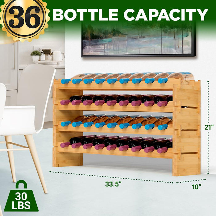 Stackable Wine Storage Rack - Wine Rack With 36 Bottle Slots, 4-Tier Modular Wine Display Shelves