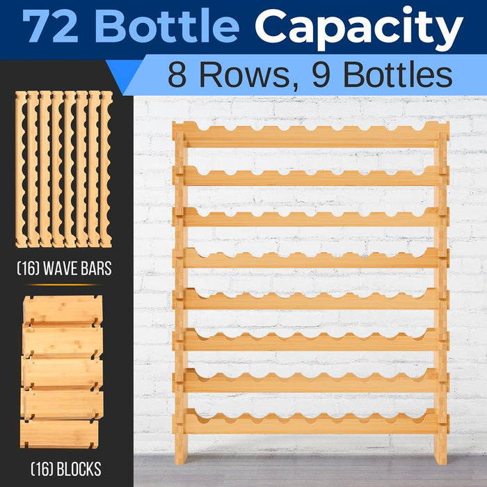 Stackable Wine Rack 72-Bottle Capacity Bamboo Modular Display Shelf