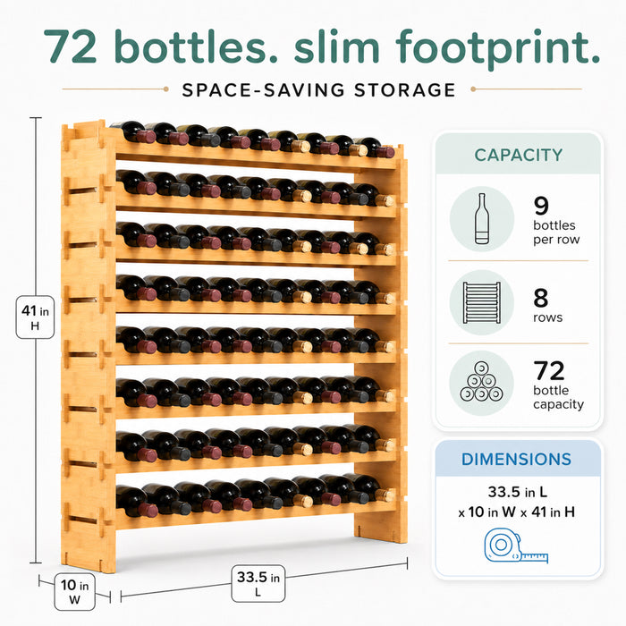 Stackable Wine Rack 72-Bottle Capacity Bamboo Modular Display Shelf