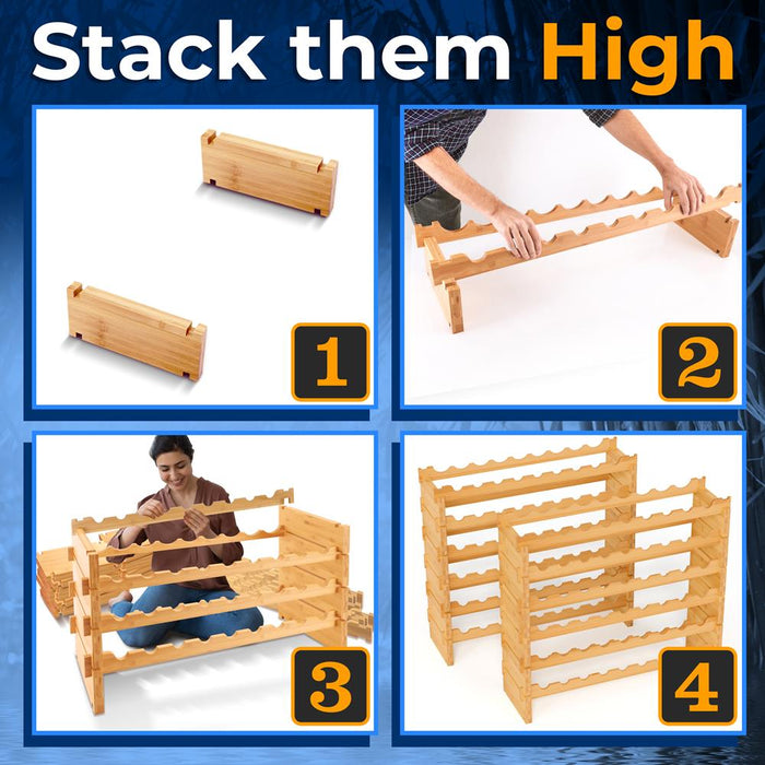 Stackable Wine Rack 72-Bottle Capacity Bamboo Modular Display Shelf