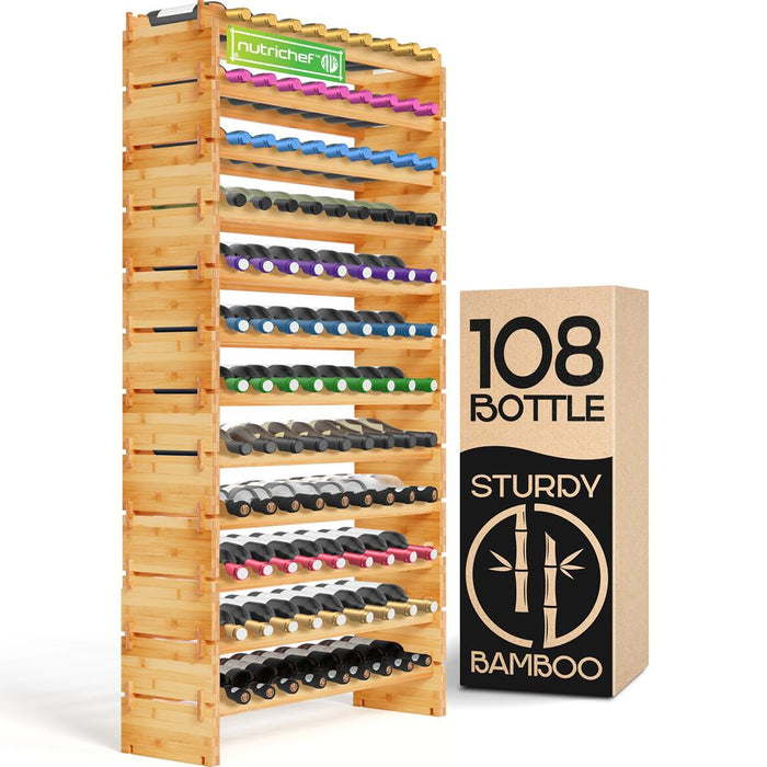 12 Tier Wine Shelf - Strong Frame Solid Bamboo For 108 Bottle Wine Capacity (Color)