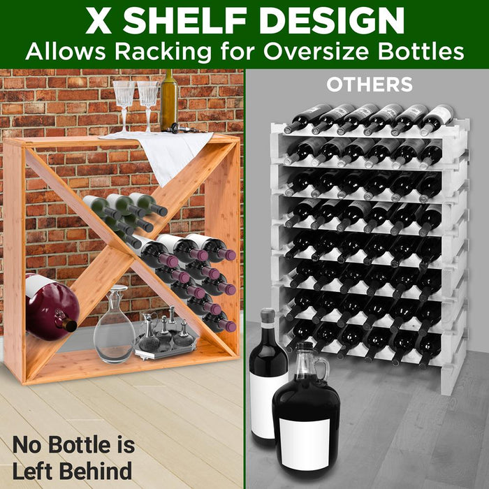 24 Bottle Capacity Stackable X Frame Bamboo Cube Wine Rack Suitable For Counters, Tabletop, Storage Holder For Kitchen, Wine Cellar, And More (Natural)