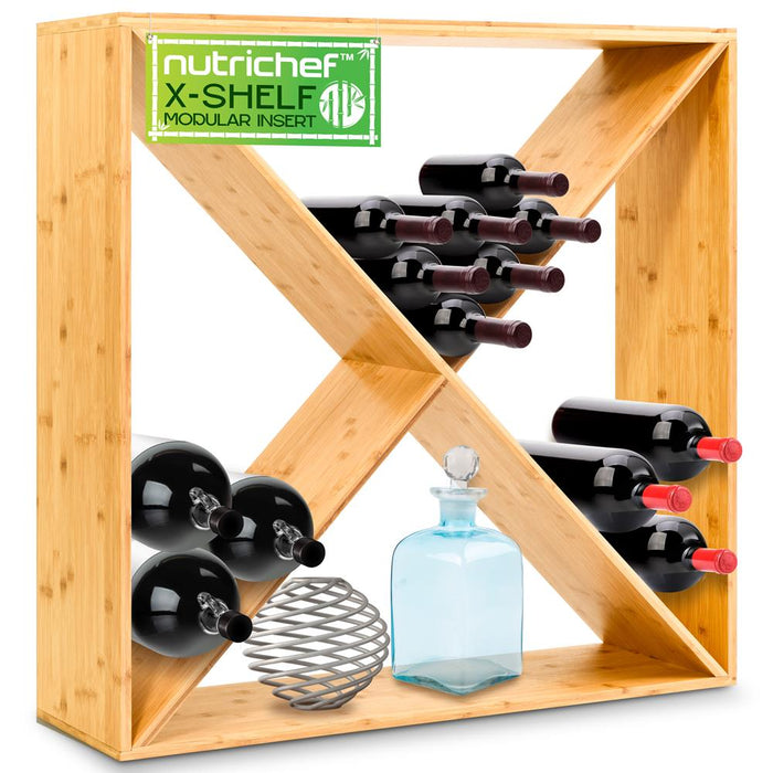 24 Bottle Capacity Stackable X Frame Bamboo Cube Wine Rack Suitable For Counters, Tabletop, Storage Holder For Kitchen, Wine Cellar, And More (Natural)