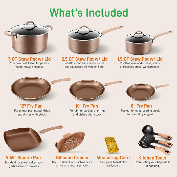 14-Piece Nonstick Cookware Set, Even Heat, Golden
